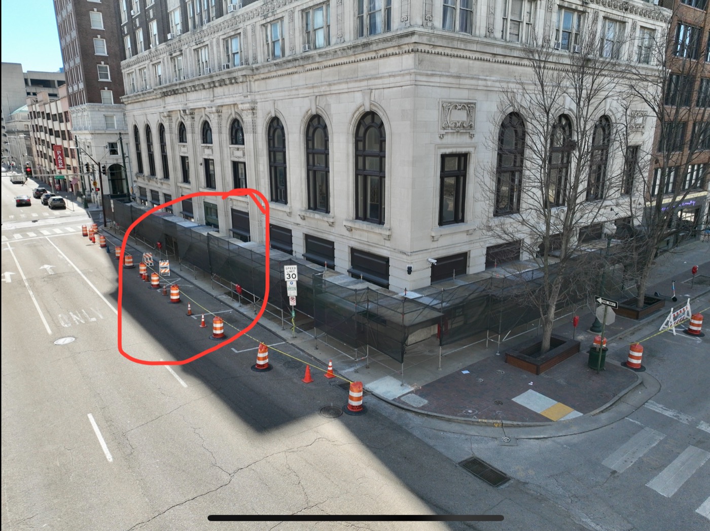 Exterior scaffolding around the Exchange Building during renovation