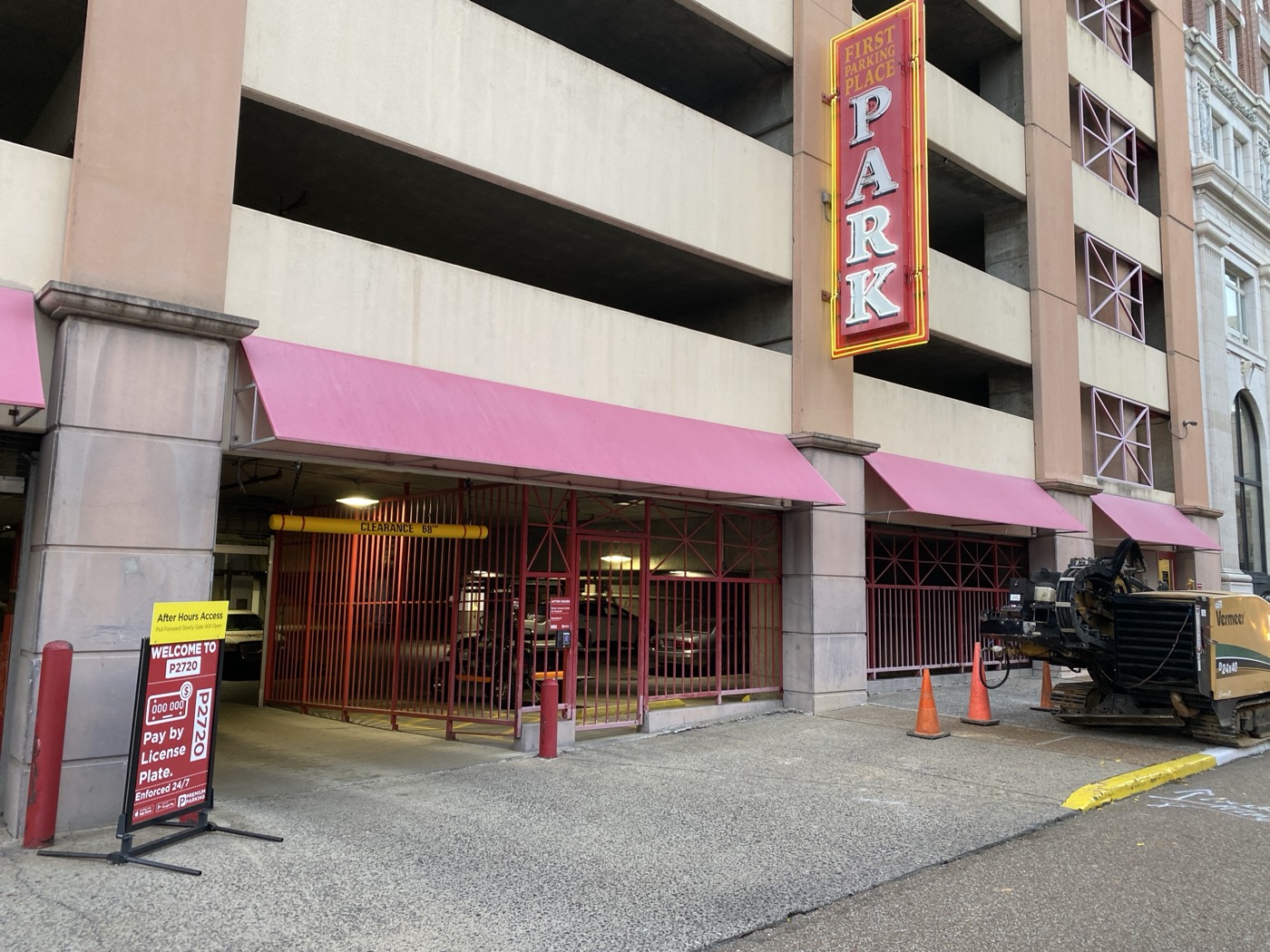 Premium Parking garage at 21 S. Second Street with the vertical PARK sign