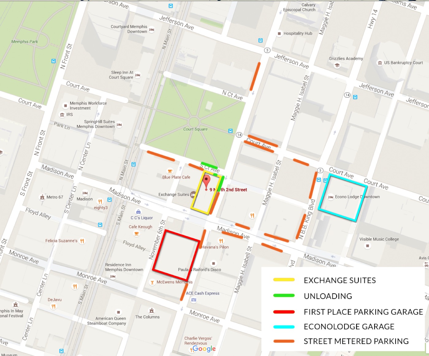 Map of parking options around the Exchange Building